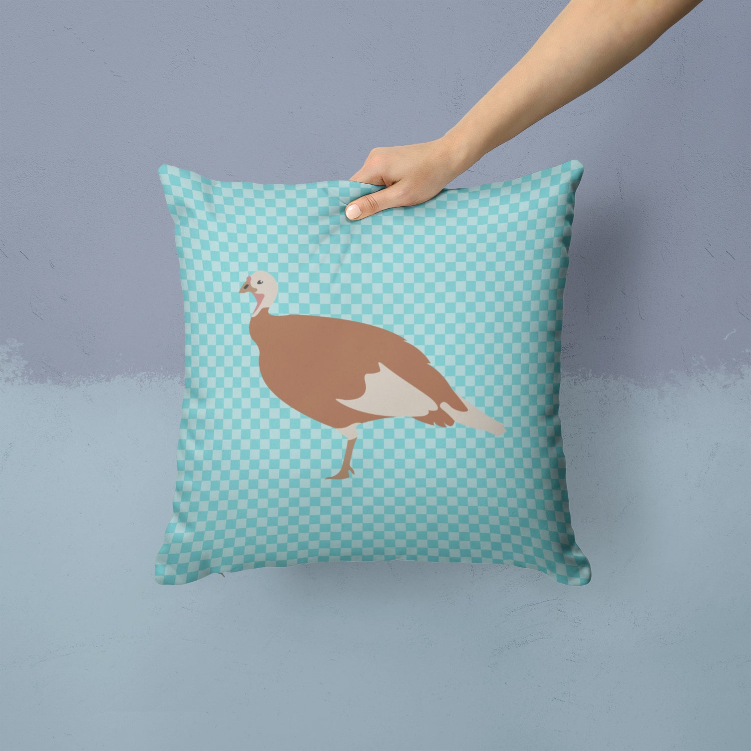 Jersey Buff Turkey Hen Blue Check Fabric Decorative Pillow BB8158PW1414