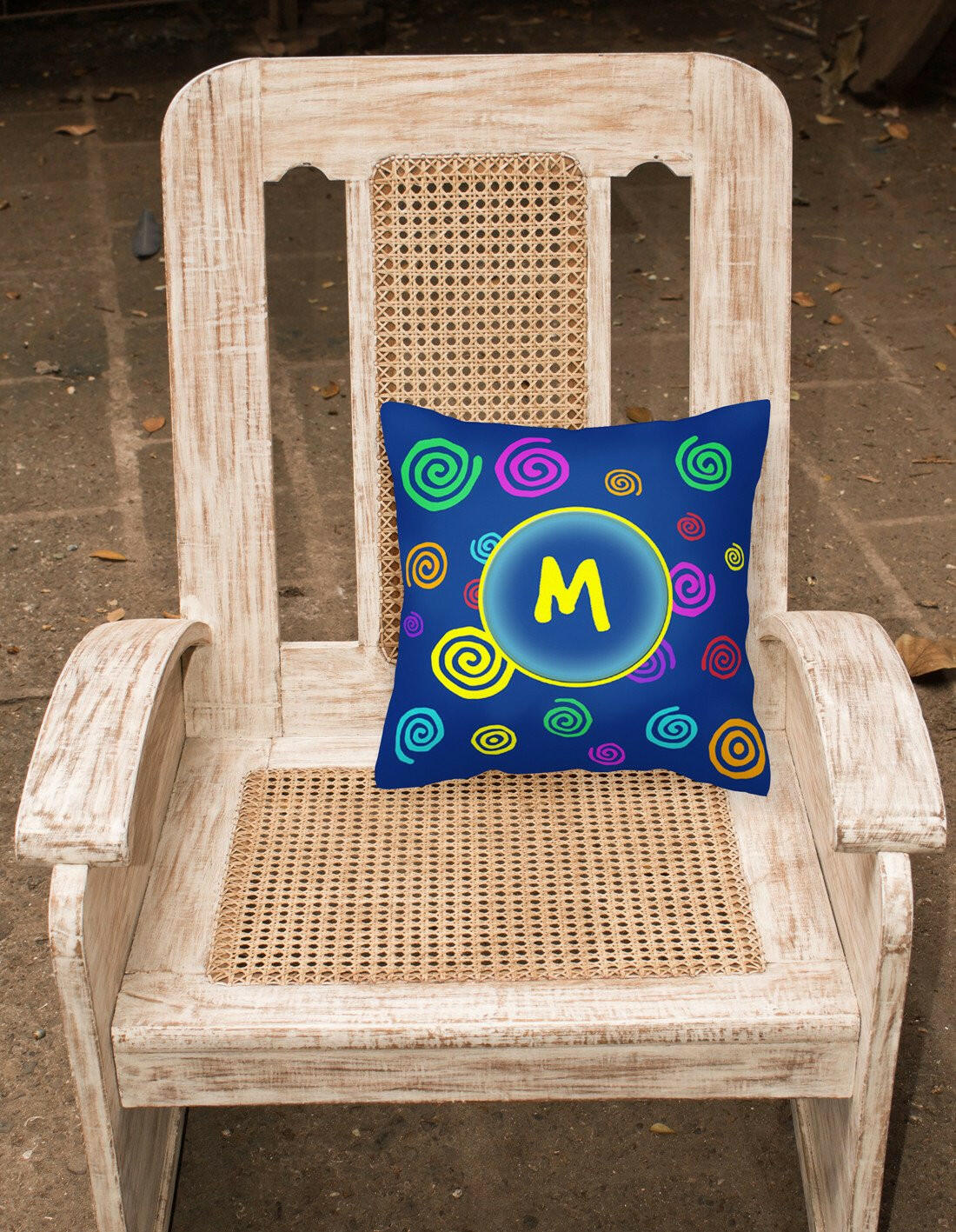 Letter M Initial Monogram - Blue Swirls Decorative Canvas Fabric Pillow | 0