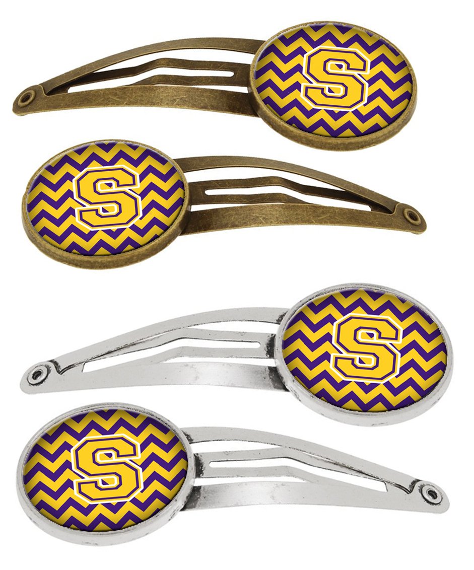 Letter S Chevron Purple and Gold Set of 4 Barrettes Hair Clips CJ1041-SHCS4