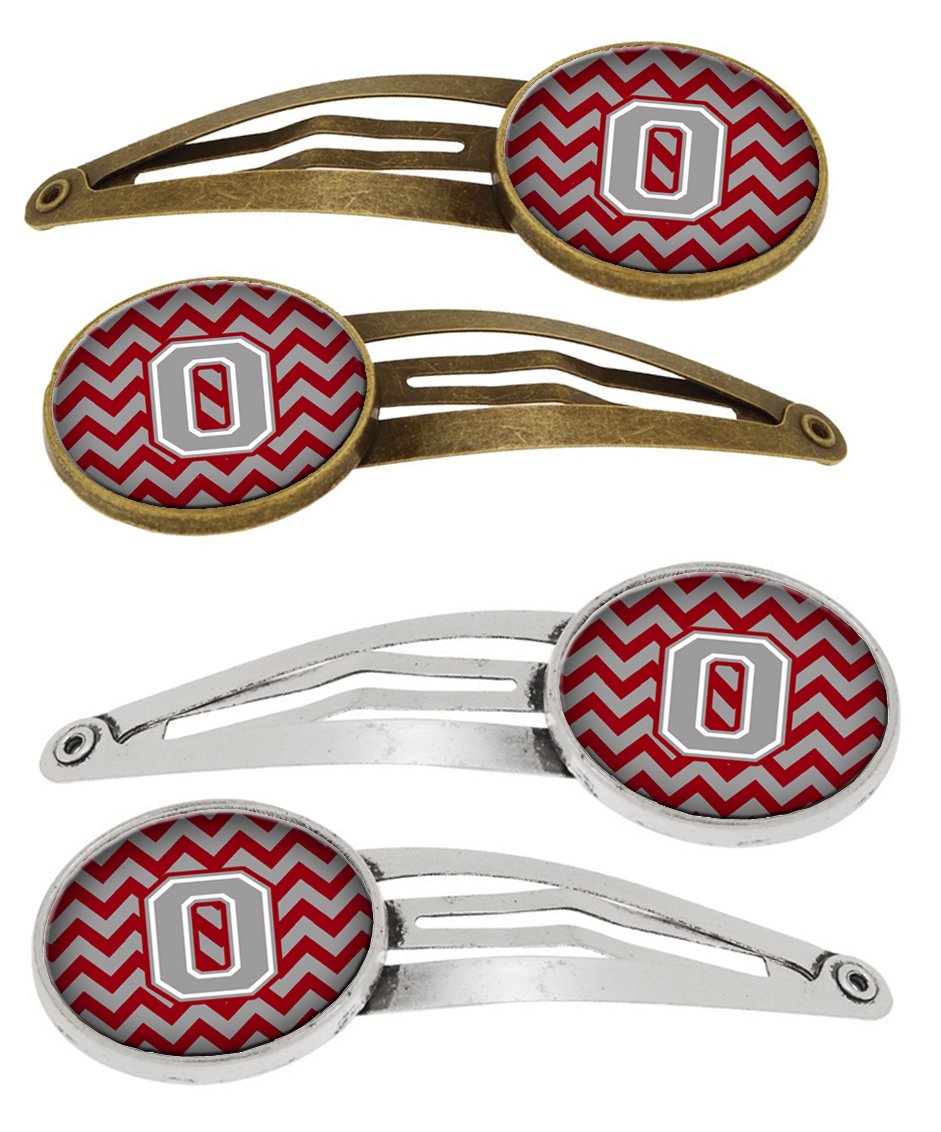 Letter O Chevron Crimson and Grey Set of 4 Barrettes Hair Clips CJ1043-OHCS4