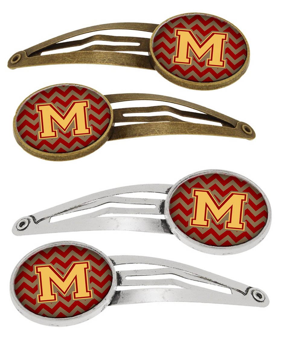 Letter M Chevron Garnet and Gold Set of 4 Barrettes Hair Clips CJ1048-MHCS4