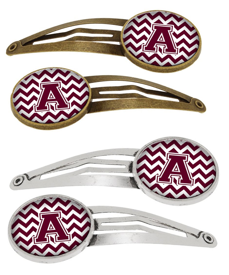 Letter A Chevron Maroon and White Set of 4 Barrettes Hair Clips CJ1051-AHCS4