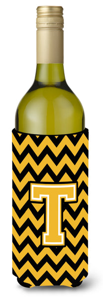 Letter T Chevron Black and Gold Wine Bottle Beverage Insulator Hugger CJ1053-TLITERK by Caroline's Treasures