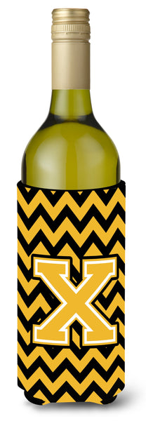 Letter X Chevron Black and Gold Wine Bottle Beverage Insulator Hugger CJ1053-XLITERK by Caroline's Treasures