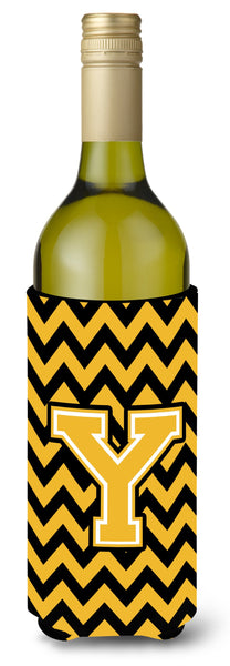 Letter Y Chevron Black and Gold Wine Bottle Beverage Insulator Hugger by Caroline's Treasures