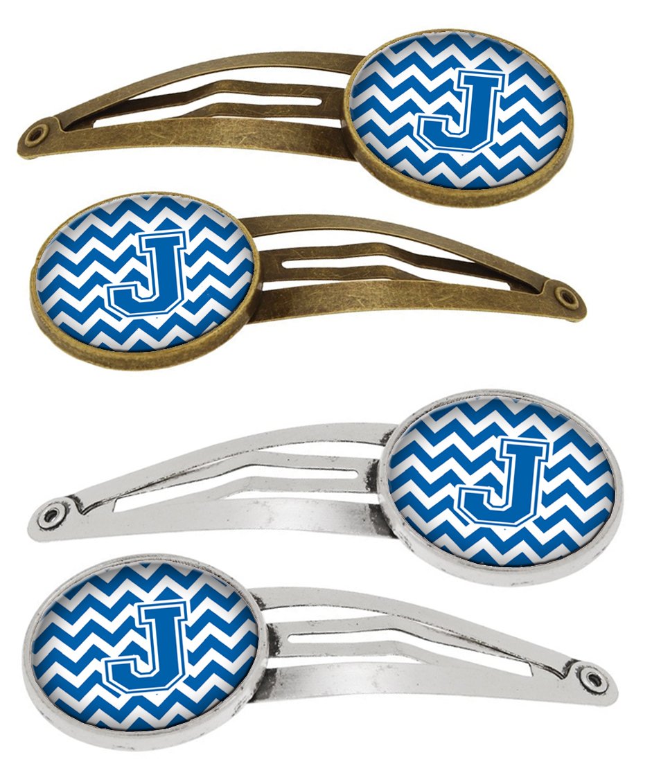 Letter J Chevron Blue and White Set of 4 Barrettes Hair Clips CJ1056-JHCS4