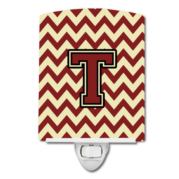 Letter T Chevron Maroon and Gold Ceramic Night Light CJ1061-TCNL - the-store.com