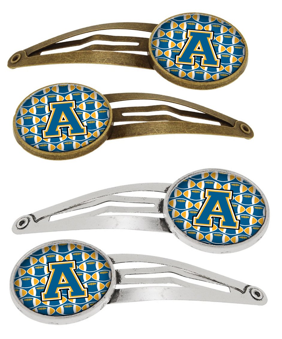 Letter A Football Blue and Gold Set of 4 Barrettes Hair Clips CJ1077-AHCS4