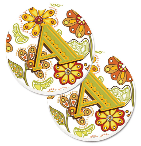 Letter A Floral Mustard and Green Set of 2 Cup Holder Car Coasters CJ2003-ACARC by Caroline's Treasures