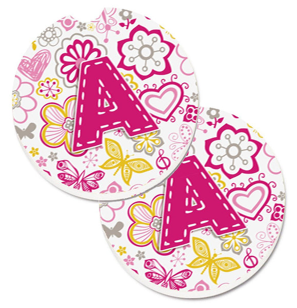 Letter A Flowers and Butterflies Pink Set of 2 Cup Holder Car Coasters CJ2005-ACARC by Caroline's Treasures