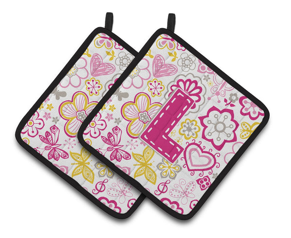 Letter L Flowers and Butterflies Pink Pair of Pot Holders by Caroline's Treasures