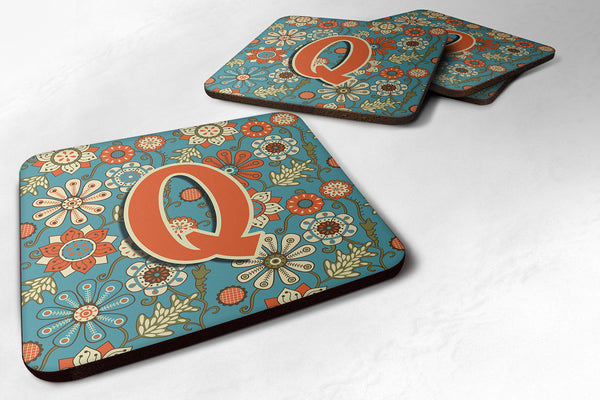 Set of 4 Letter Q Flowers Retro Blue Foam Coasters CJ2012-QFC - the-store.com