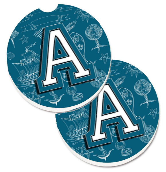 Letter A Sea Doodles Initial Alphabet Set of 2 Cup Holder Car Coasters CJ2014-ACARC by Caroline's Treasures