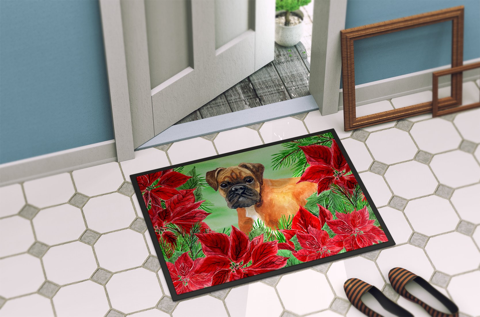 German Boxer Poinsettas Indoor or Outdoor Mat 24x36 CK1289JMAT