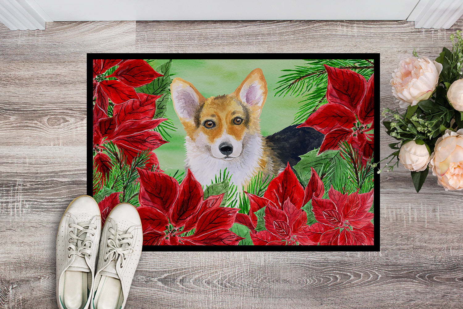 Pembroke Corgi Poinsettas Indoor or Outdoor Mat 18x27 CK1291MAT