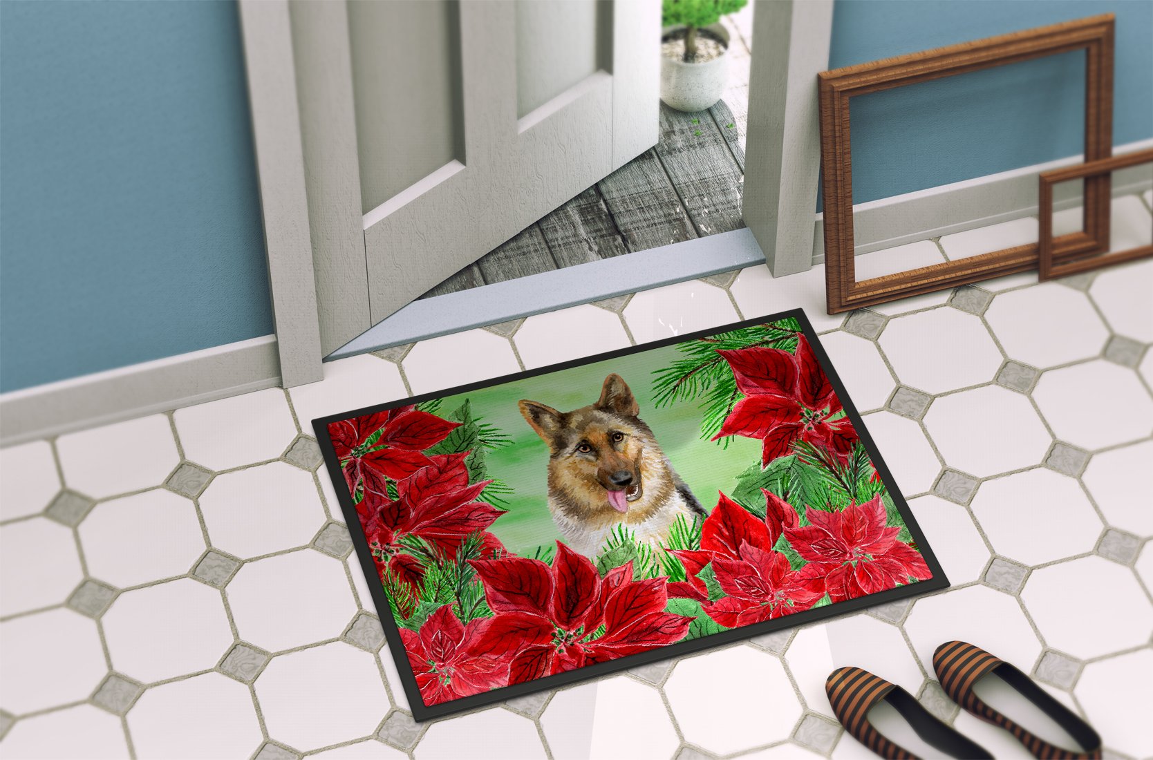 German Shepherd Poinsettas Indoor or Outdoor Mat 24x36 CK1302JMAT