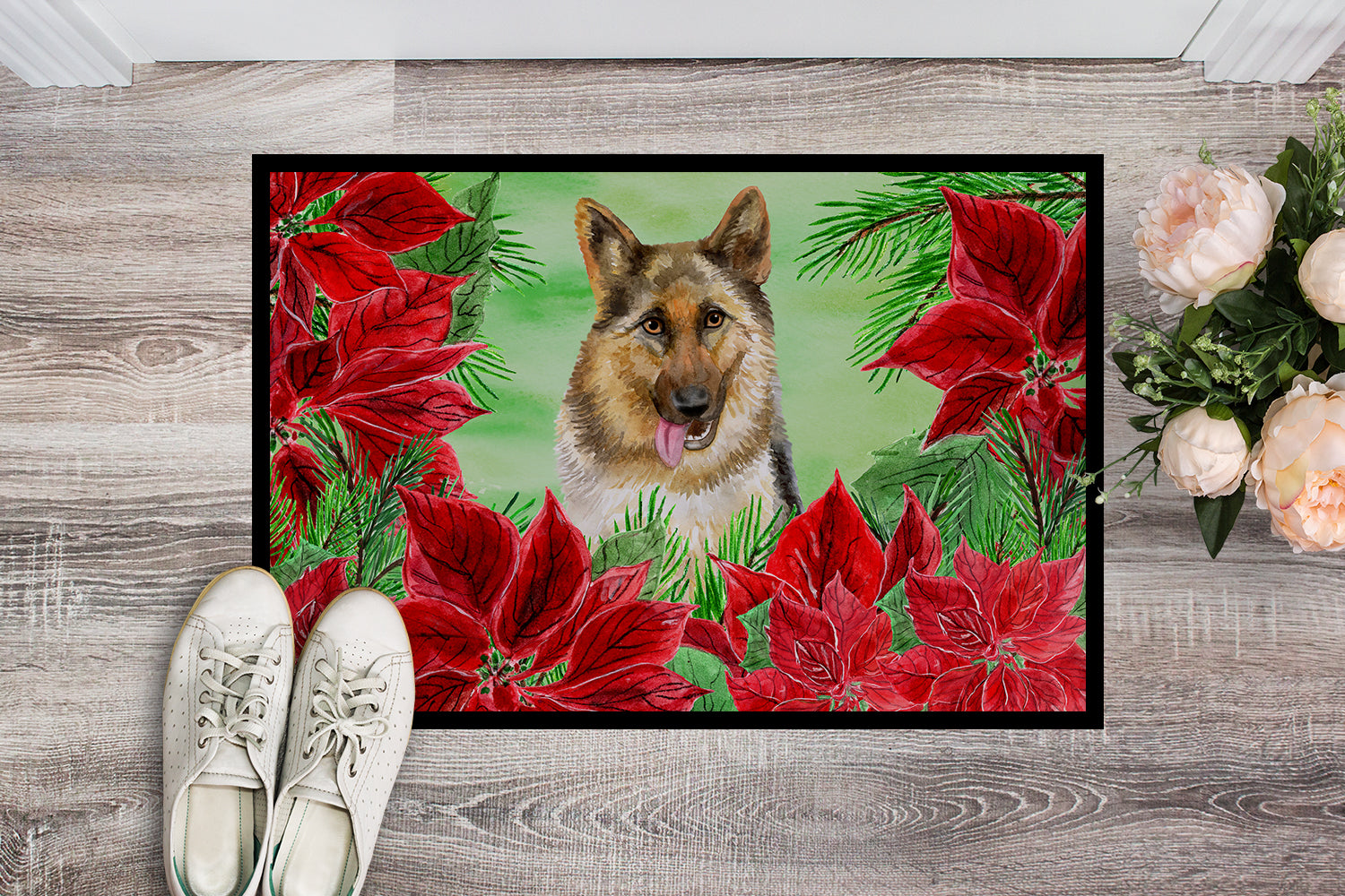 German Shepherd Poinsettas Indoor or Outdoor Mat 18x27 CK1302MAT