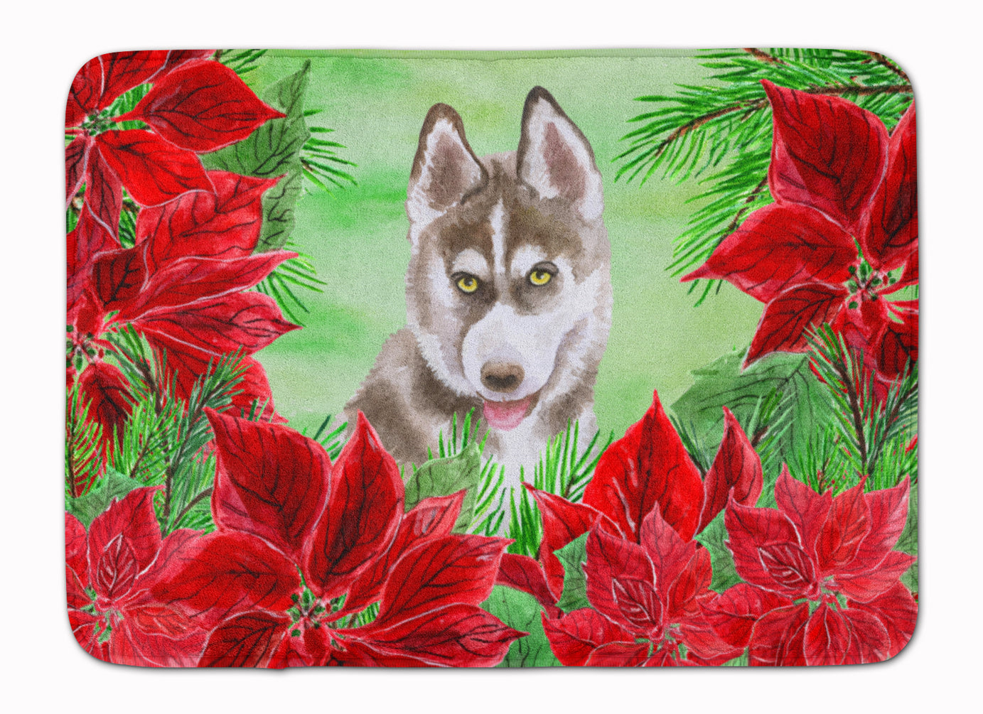 Siberian Husky Grey Poinsettas Machine Washable Memory Foam Mat CK1344RUG