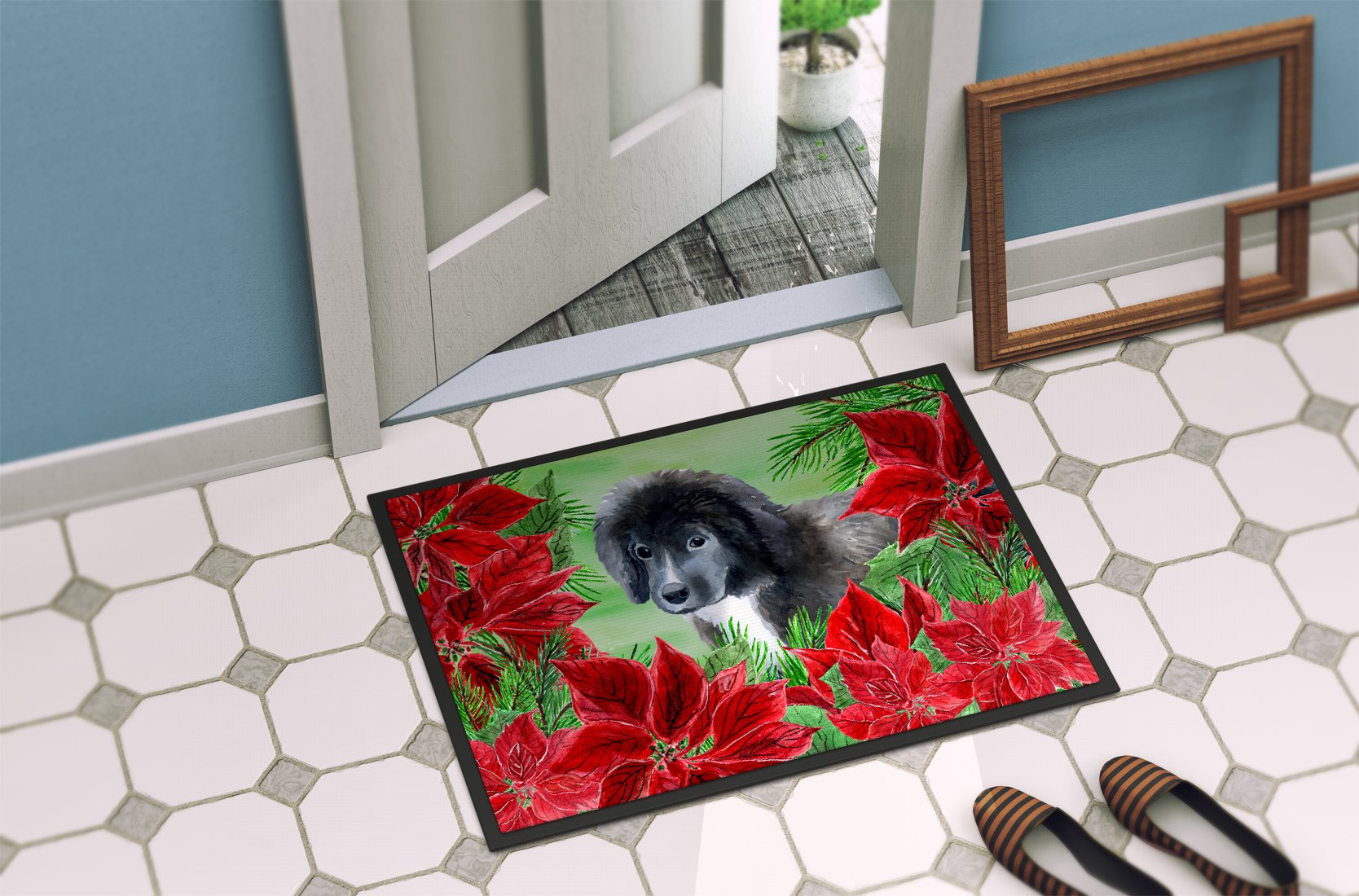 Newfoundland Puppy Poinsettas Indoor or Outdoor Mat 24x36 CK1347JMAT