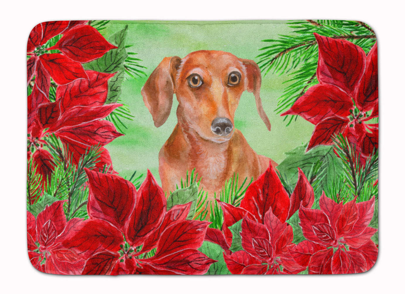 Red Dachshund Poinsettas Machine Washable Memory Foam Mat CK1355RUG