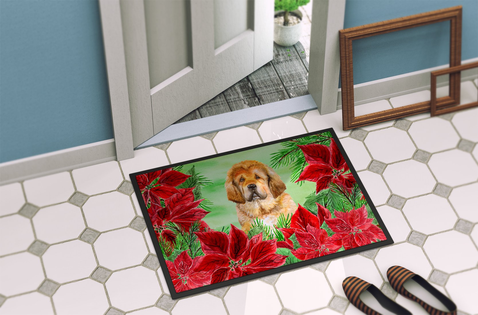 Tibetan Mastiff Poinsettas Indoor or Outdoor Mat 24x36 CK1368JMAT