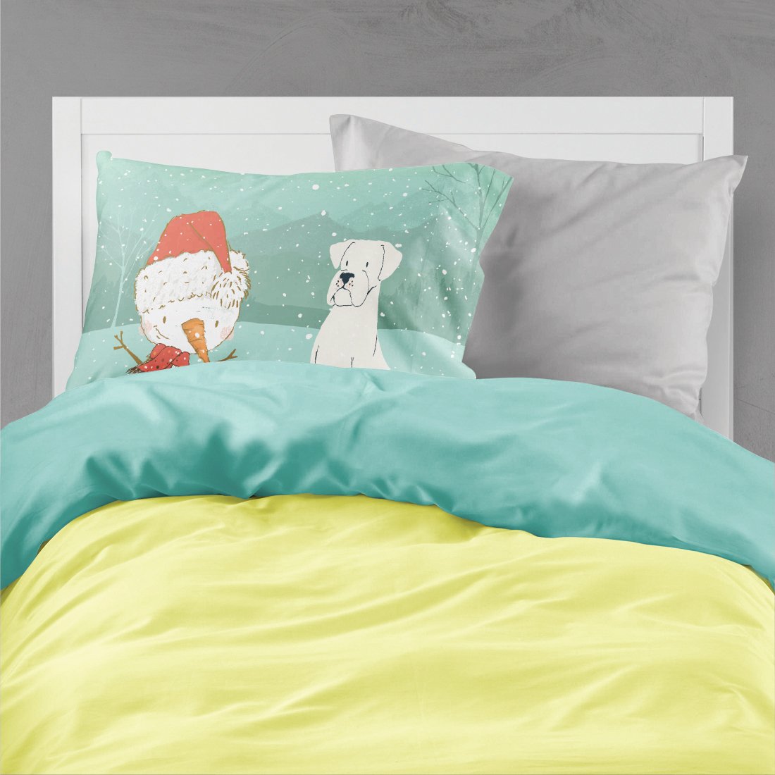 White Boxer and Snowman Christmas Fabric Standard Pillowcase CK2034PILLOWCASE