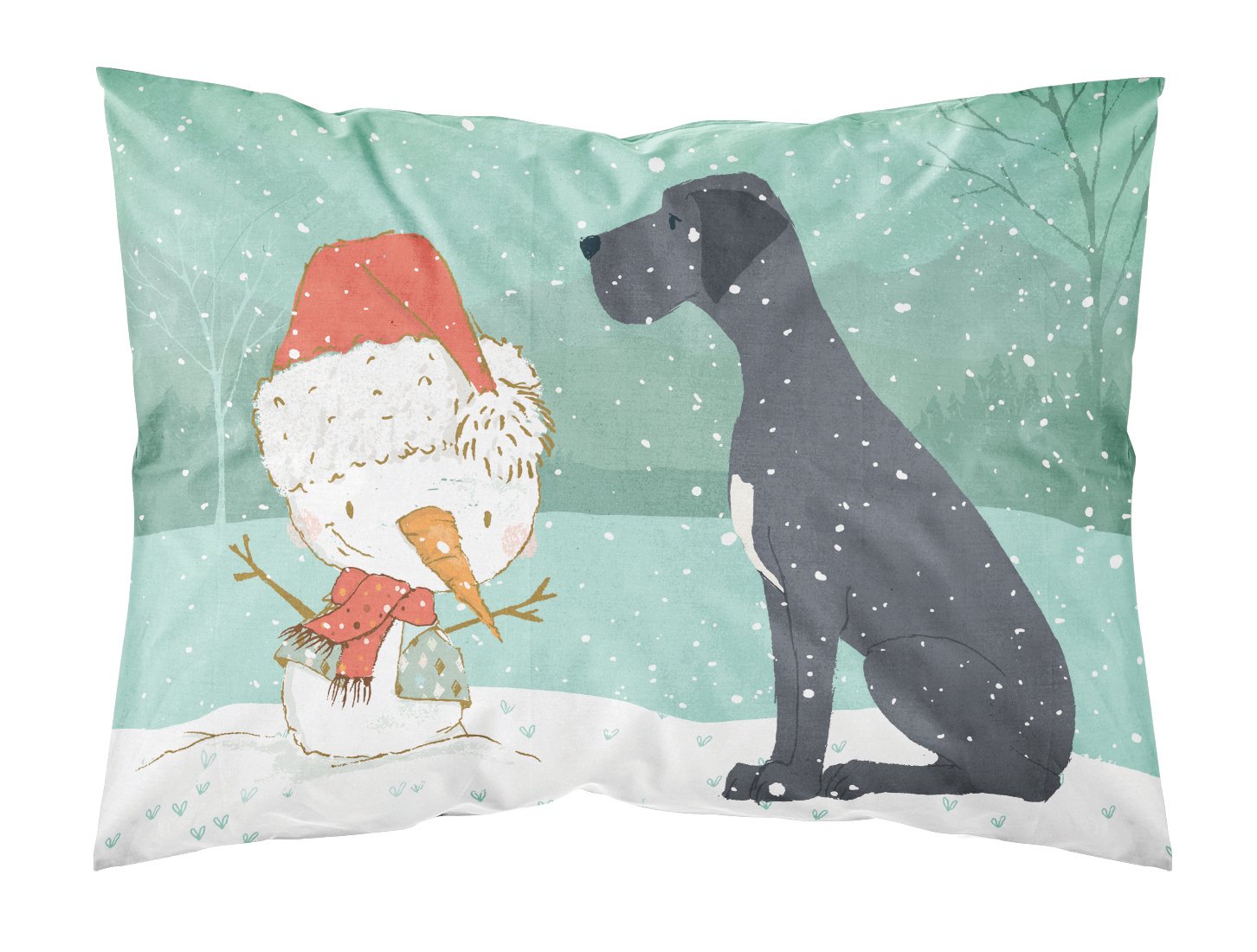 Black Great Dane and Snowman Christmas Fabric Standard Pillowcase CK2039PILLOWCASE