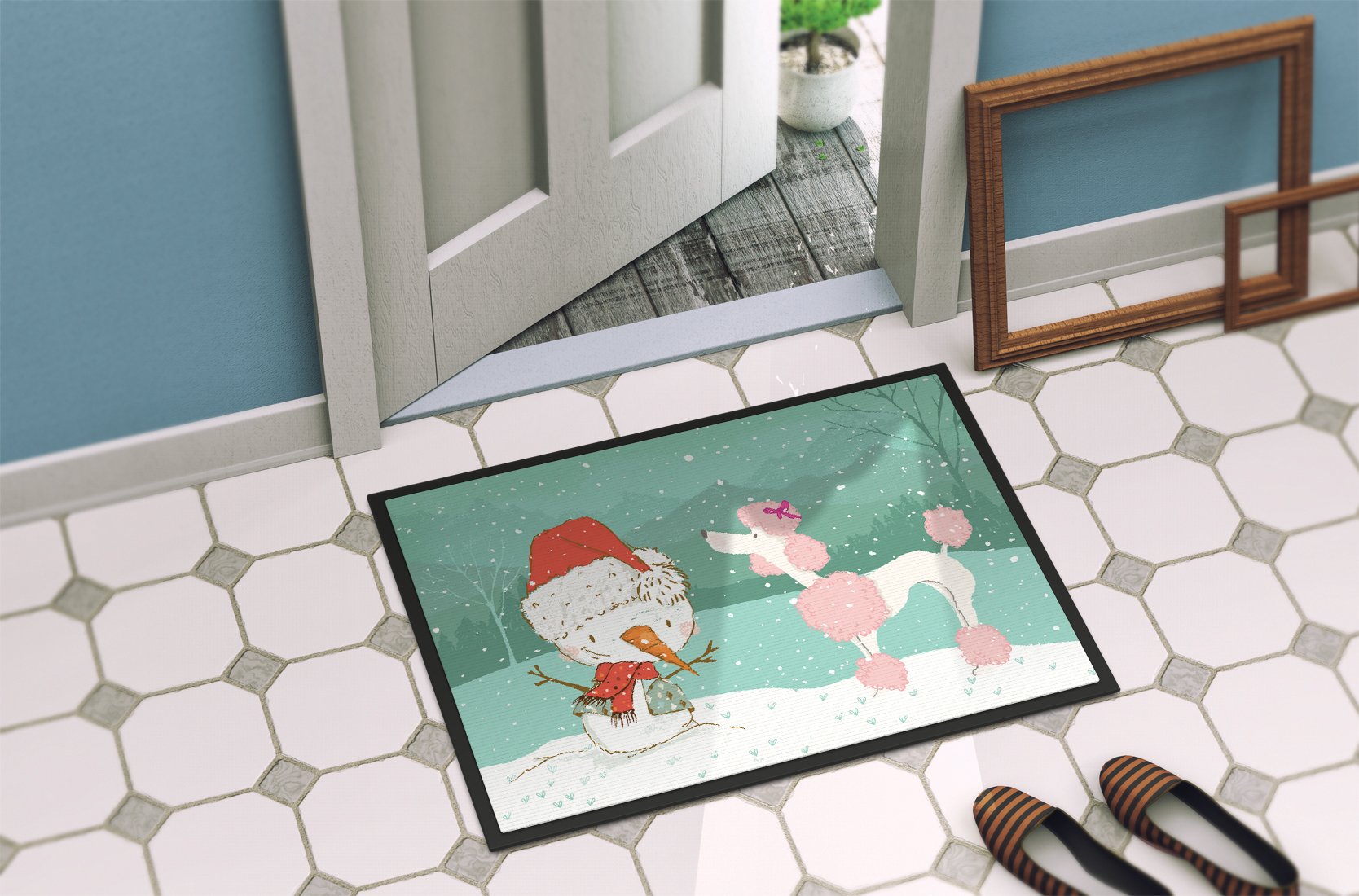 Pink Poodle Snowman Christmas Indoor or Outdoor Mat 24x36 CK2066JMAT