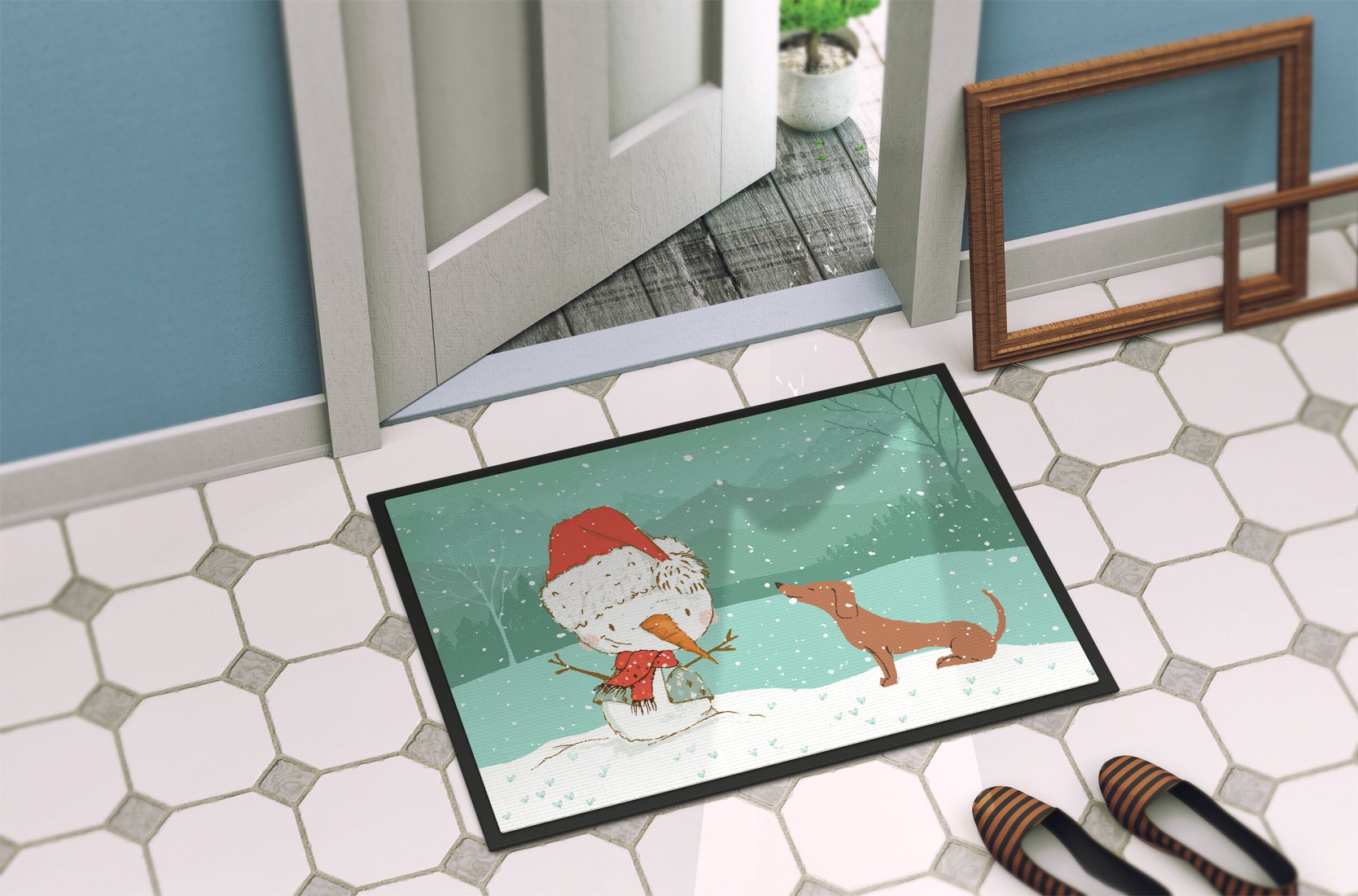 Red Dachshund Snowman Christmas Indoor or Outdoor Mat 24x36 CK2084JMAT