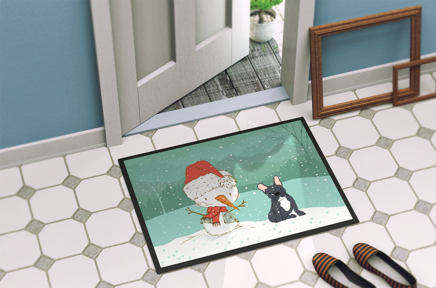 Black French Bulldog Snowman Christmas Indoor or Outdoor Mat 24x36 CK2085JMAT