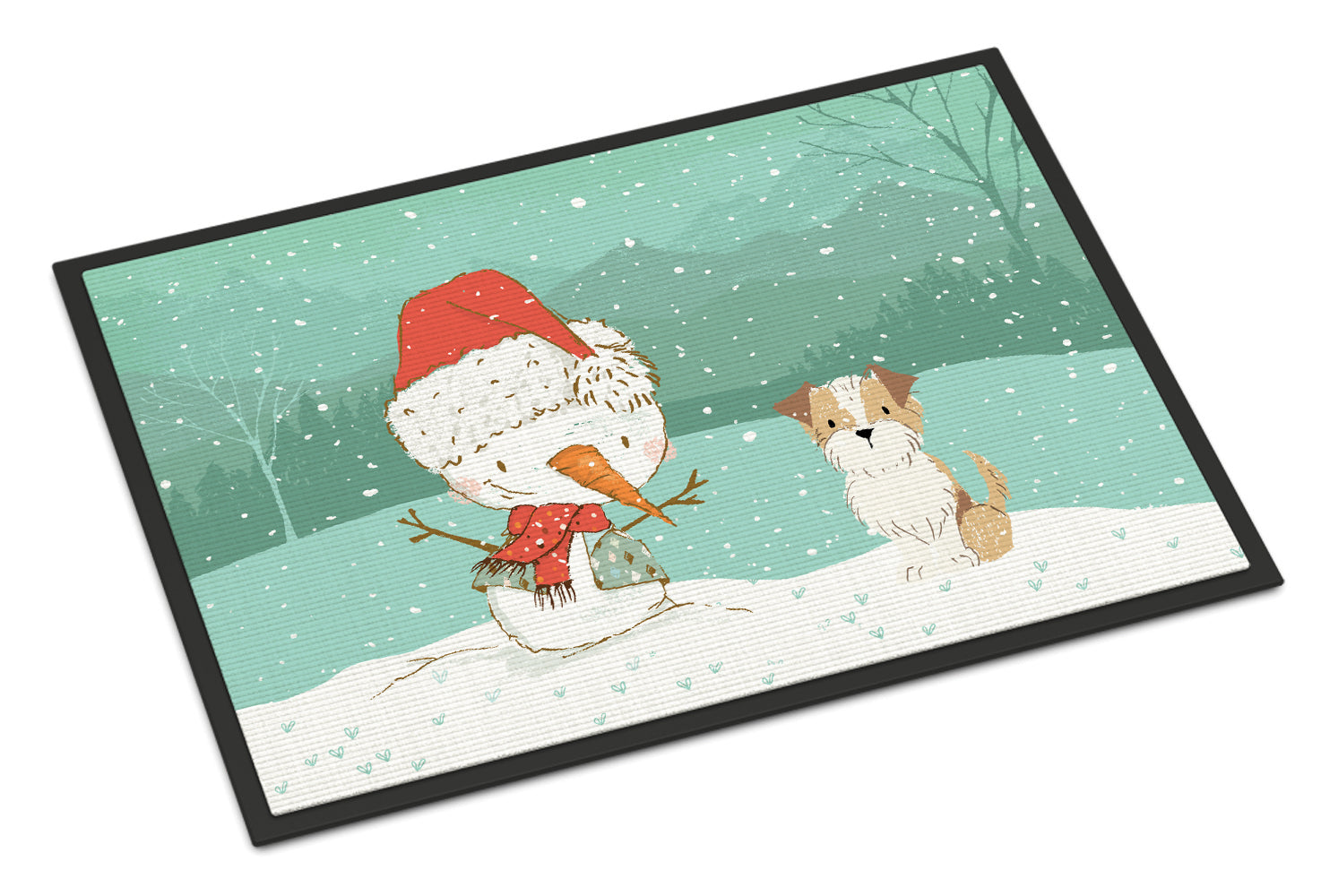 Brown and White Terrier Snowman Christmas Indoor or Outdoor Mat 18x27 CK2096MAT