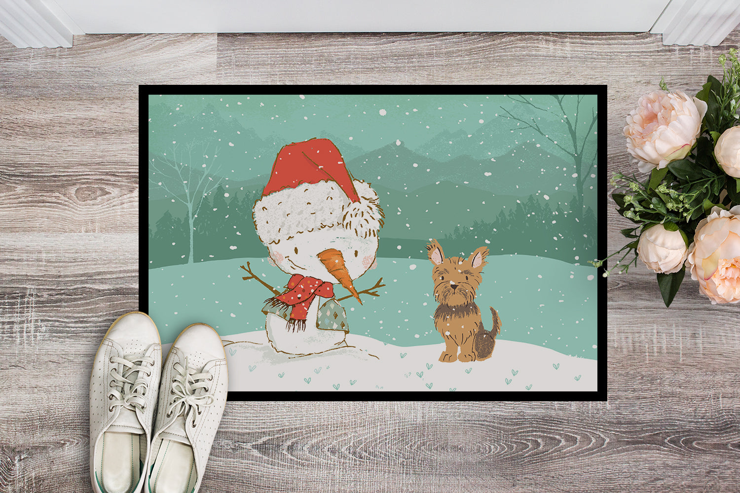 Yorkie Cropped Ears Snowman Christmas Indoor or Outdoor Mat 18x27 CK2098MAT