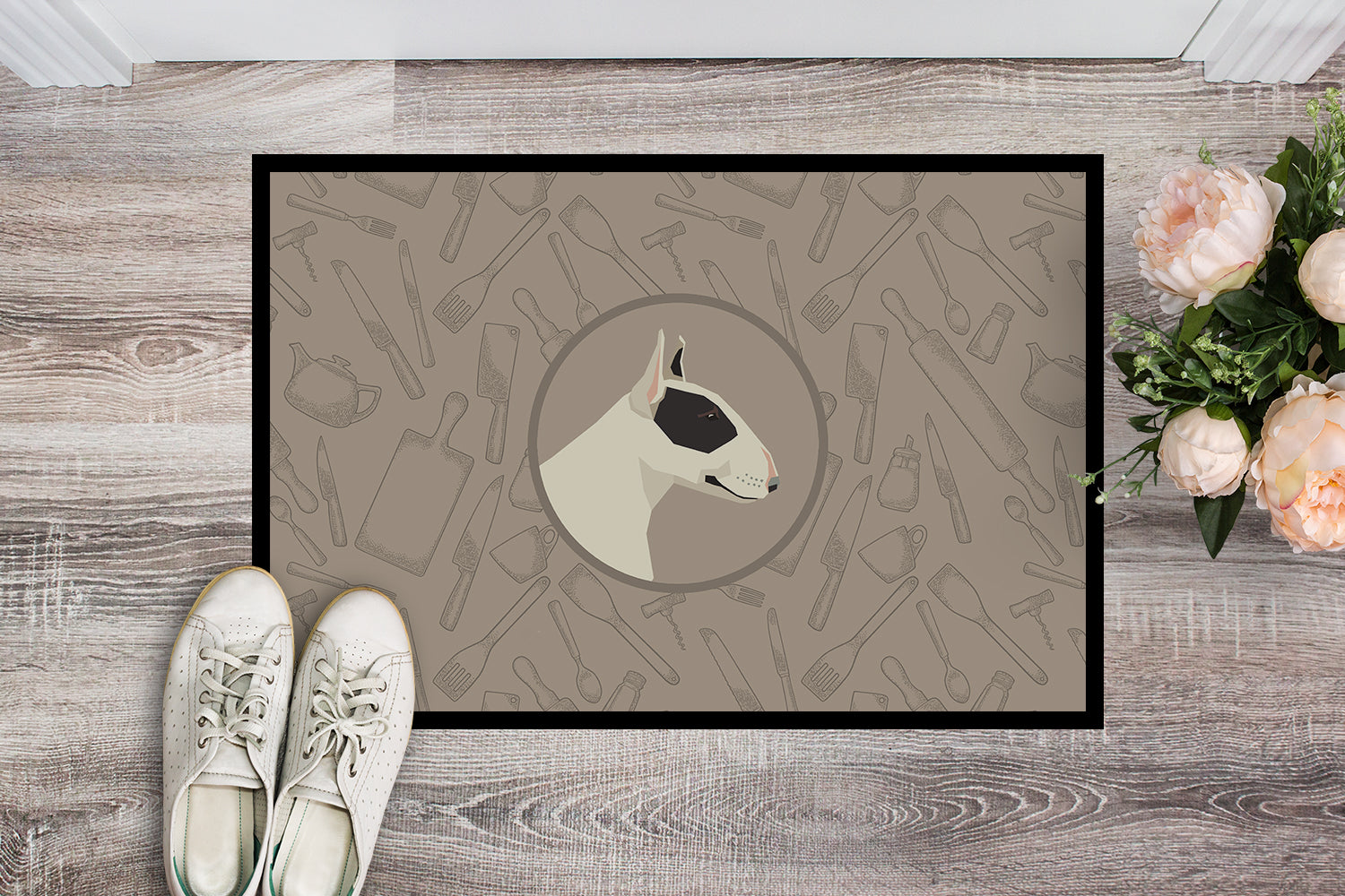 Black and White Bull Terrier In the Kitchen Indoor or Outdoor Mat 18x27 CK2174MAT