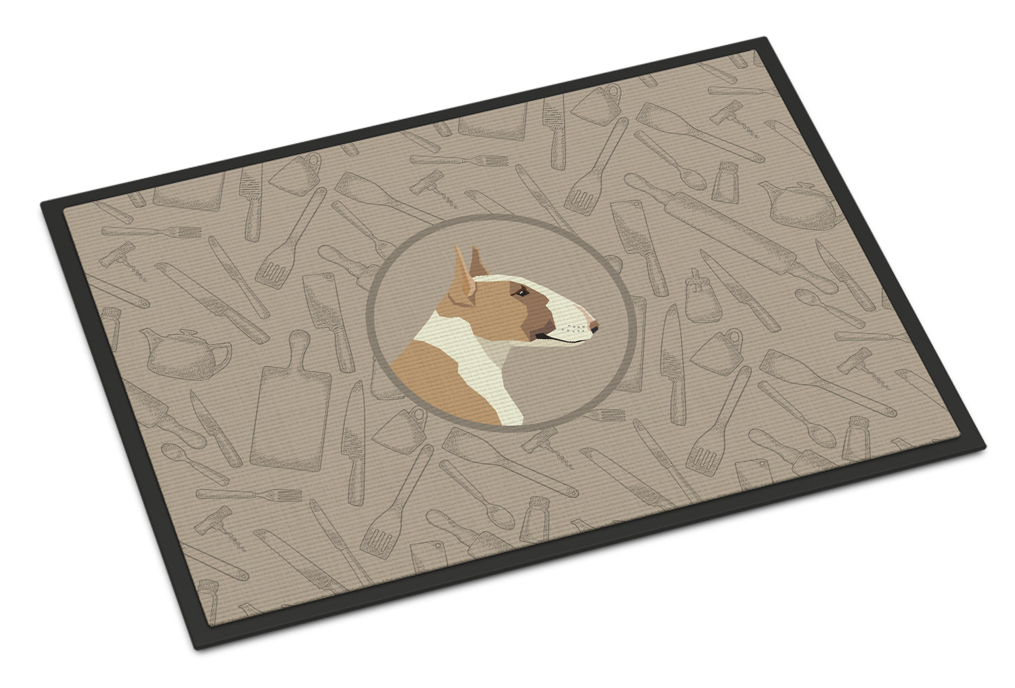 Fawn and White Bull Terrier In the Kitchen Indoor or Outdoor Mat 18x27 CK2175MAT