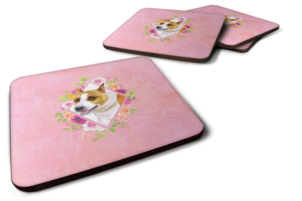 Set of 4 Bull Terrier Pink Flowers Foam Coasters Set of 4 CK4114FC - the-store.com