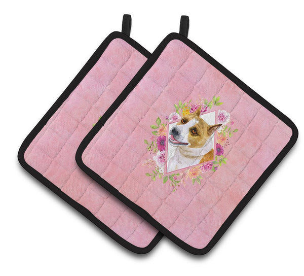 Bull Terrier Pink Flowers Pair of Pot Holders CK4114PTHD by Caroline's Treasures