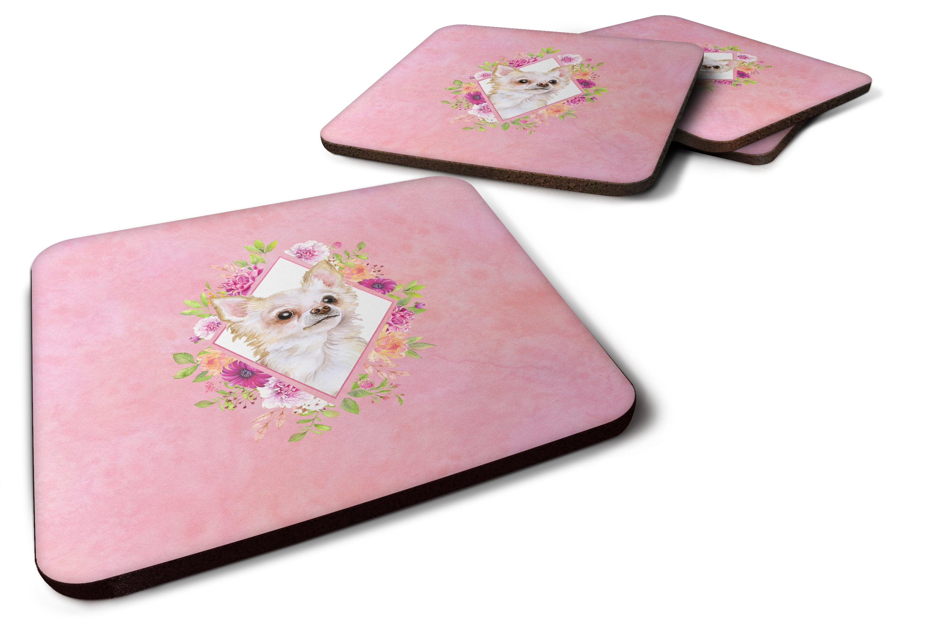 Set of 4 Long Hair Chihuahua Pink Flowers Foam Coasters Set of 4 CK4127FC