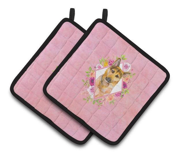 German Shepherd #2 Pink Flowers Pair of Pot Holders CK4147PTHD by Caroline's Treasures