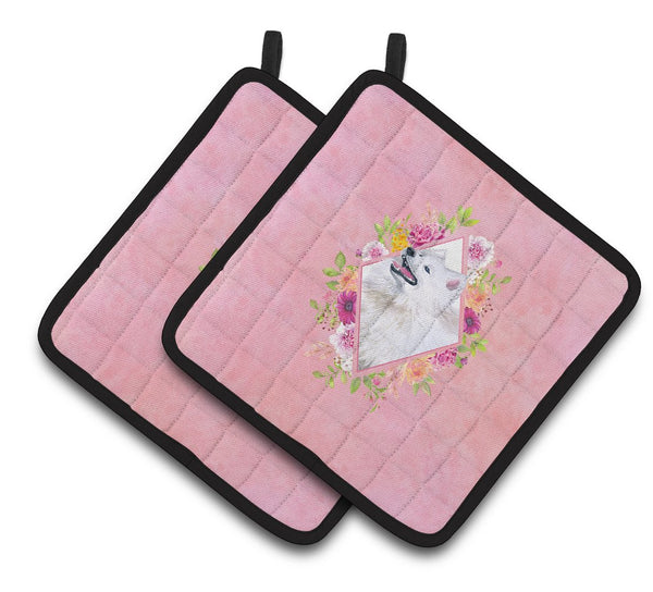 Samoyed Pink Flowers Pair of Pot Holders CK4177PTHD by Caroline's Treasures