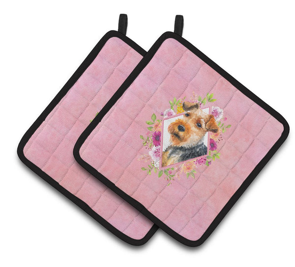 Welsh Terrier Pink Flowers Pair of Pot Holders CK4192PTHD by Caroline's Treasures