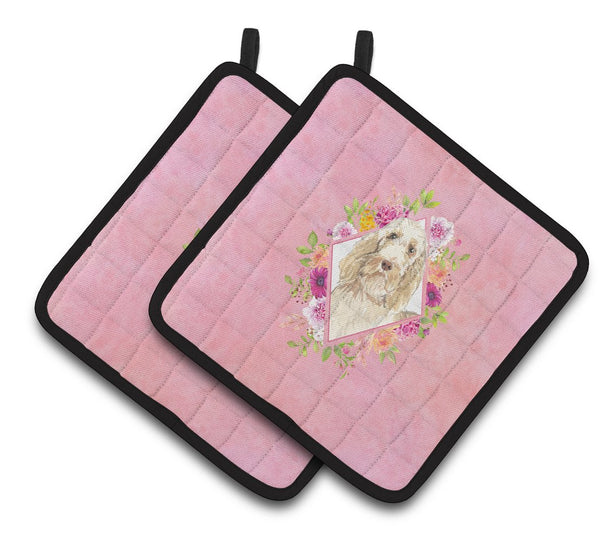 Spinone Italiano Pink Flowers Pair of Pot Holders CK4209PTHD by Caroline's Treasures