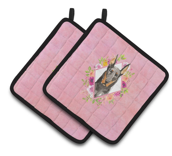 Doberman Pinsher Pink Flowers Pair of Pot Holders CK4241PTHD by Caroline's Treasures