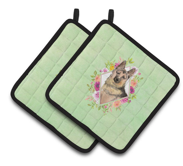 German Shepherd Green Flowers Pair of Pot Holders CK4397PTHD by Caroline's Treasures