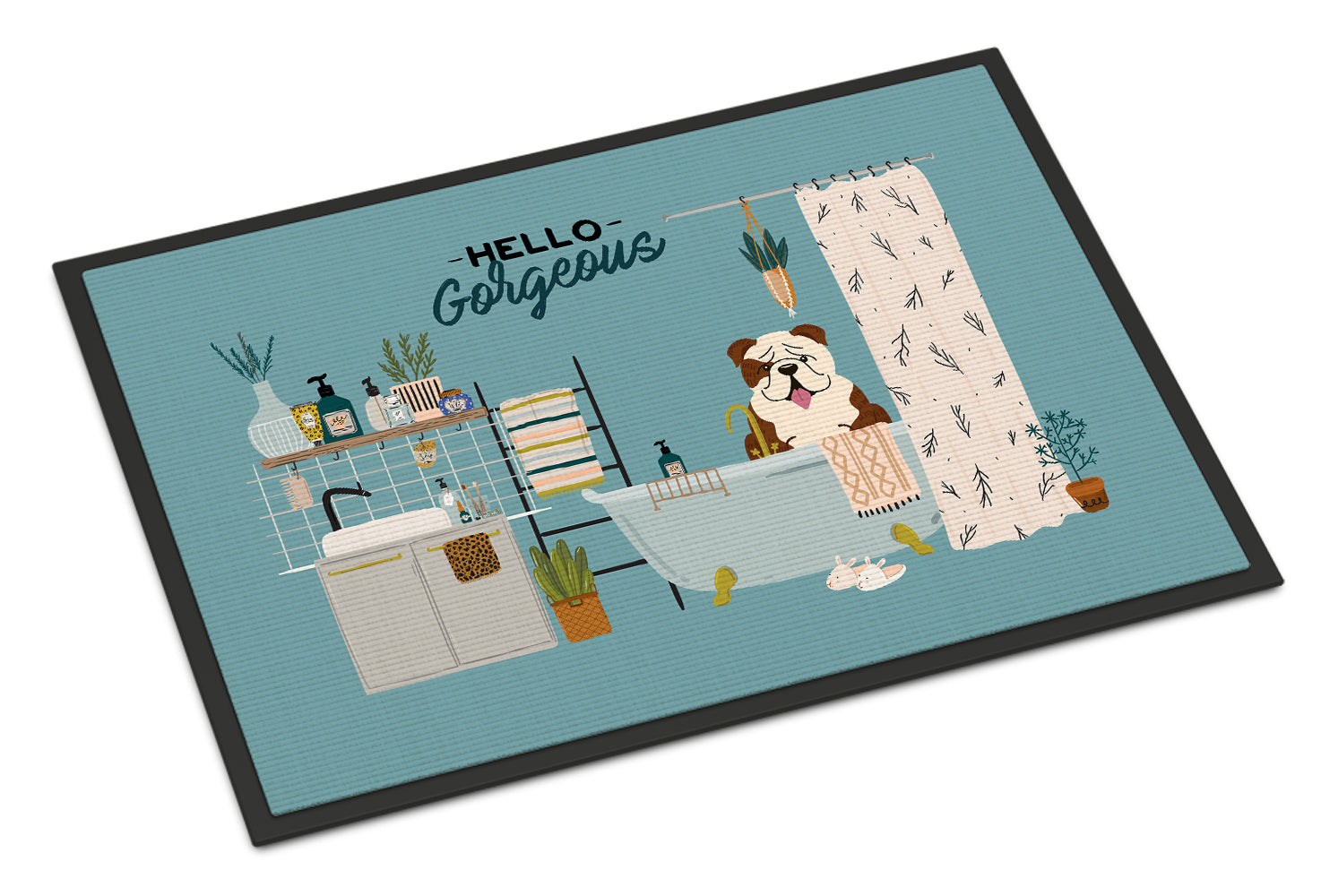 Brindle White English Bulldog in Bathtub Indoor or Outdoor Mat 18x27 CK7543MAT