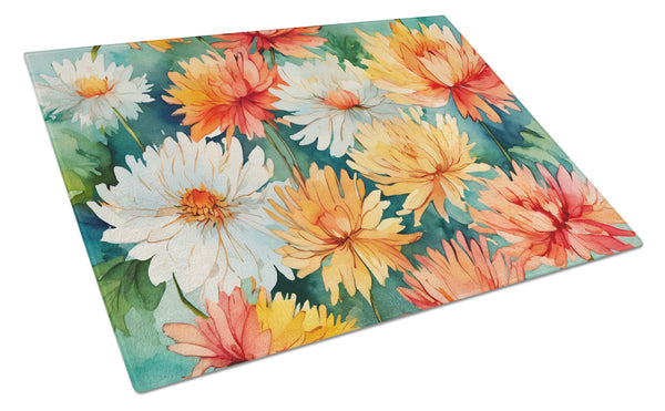 Buy this Chrysanthemums in Watercolor Glass Cutting Board Large