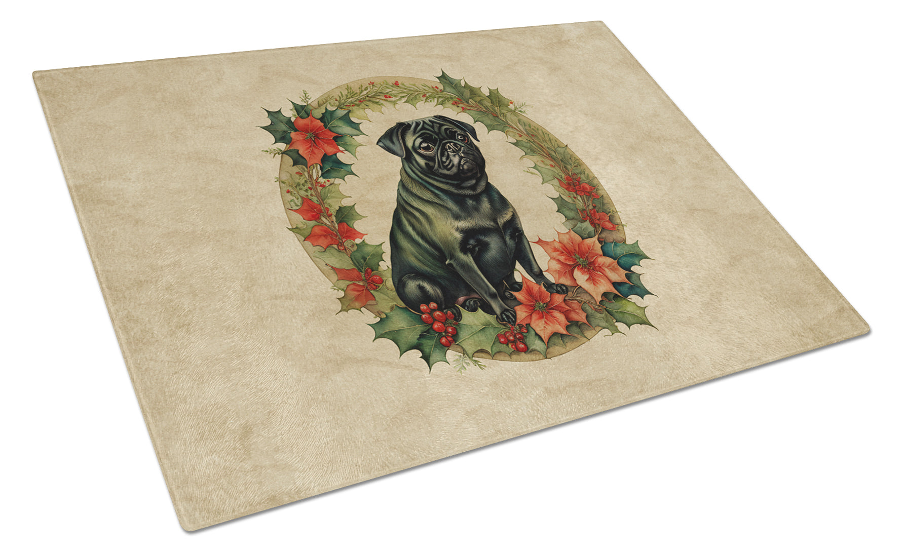 Caroline's Treasures Pug Cozy Christmas Glass Cutting Board Large