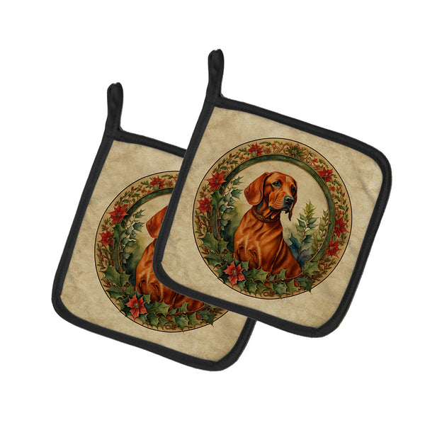 Buy this Red Redbone Coonhound Christmas Flowers Pair of Pot Holders