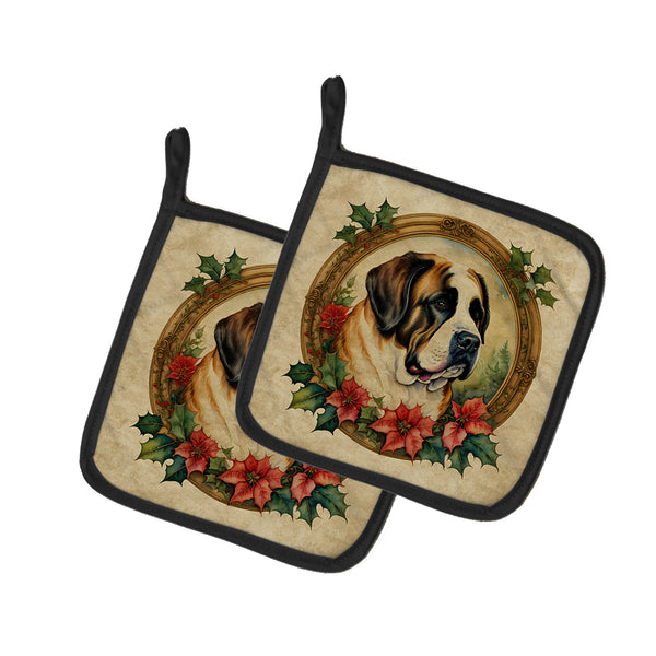 Buy this Saint Bernard Christmas Flowers Pair of Pot Holders