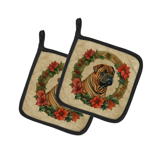 Buy this Shar Pei Christmas Flowers Pair of Pot Holders