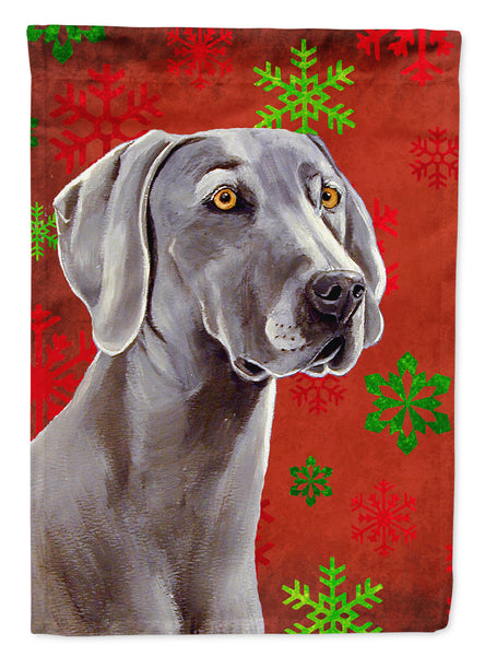 Weimaraner Red and Green Snowflakes Holiday Christmas Flag Garden Size.